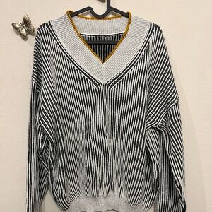 SHEIN Striped V-Neck Sweater with Mustard Accent